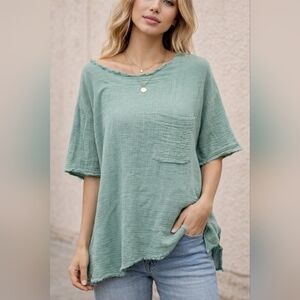 Easel Seafoam Bohemian Short Sleeve Raw Edge Top Sz.M #1583